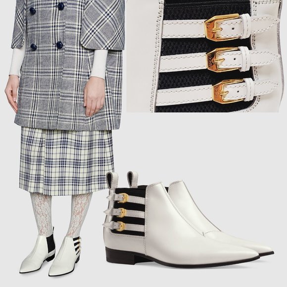 GUCCI BOOTS ANKLE QUEBEC 3 BUCKLE WHITE LEATHER POINTED TOE sz 37.5 7.5 - Picture 1 of 15